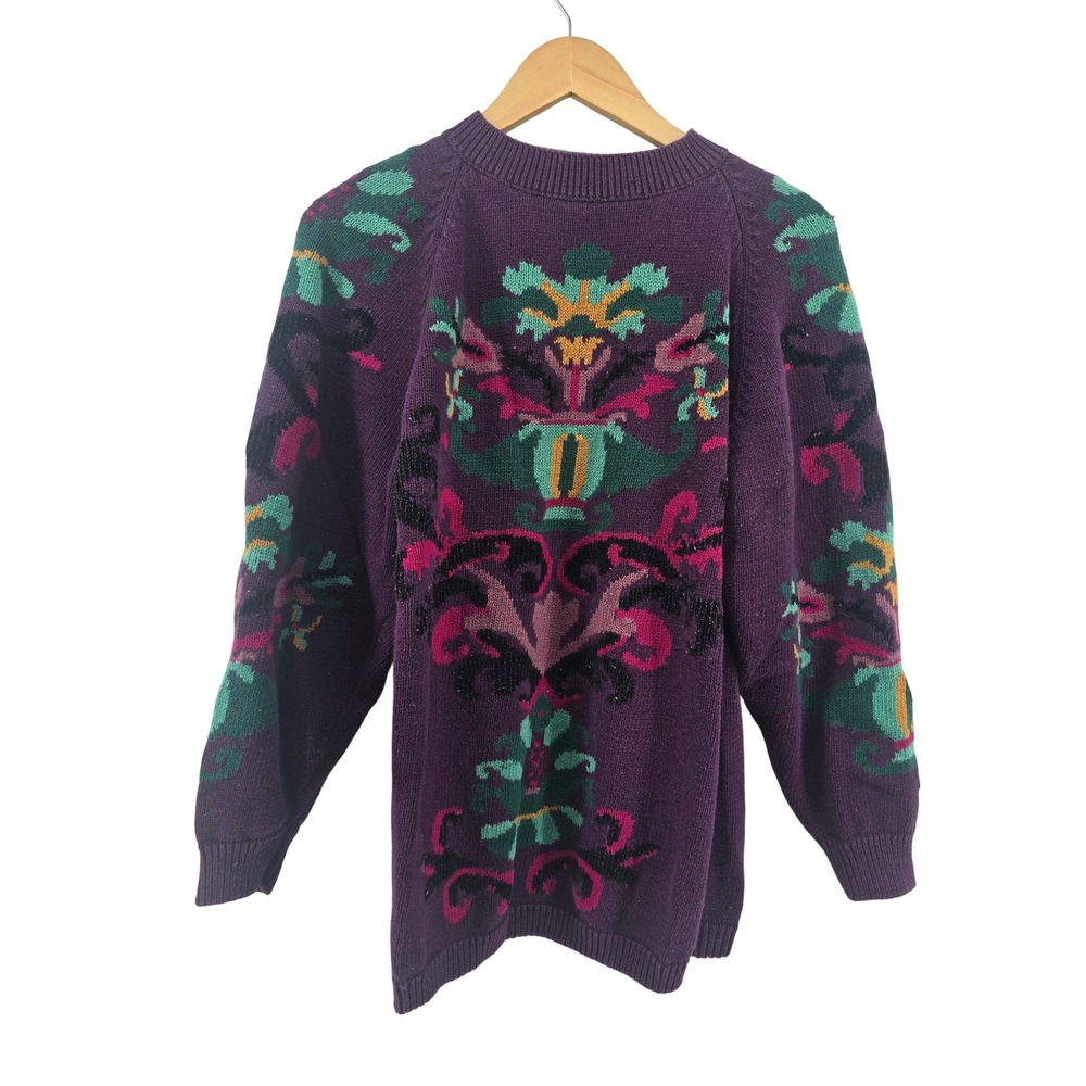 Maggie Lawrence Sweater Womens 18/20 Purple Vintage 90s Floral Ramie Cotton Knit